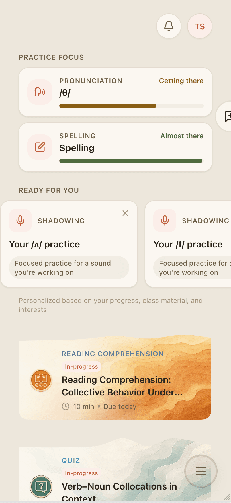A student's practice queue, generated from their class material and current weak sounds.