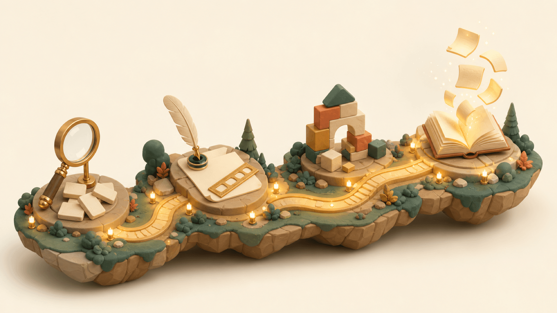 A winding gold path through four miniature waypoints, from recognition to free creation