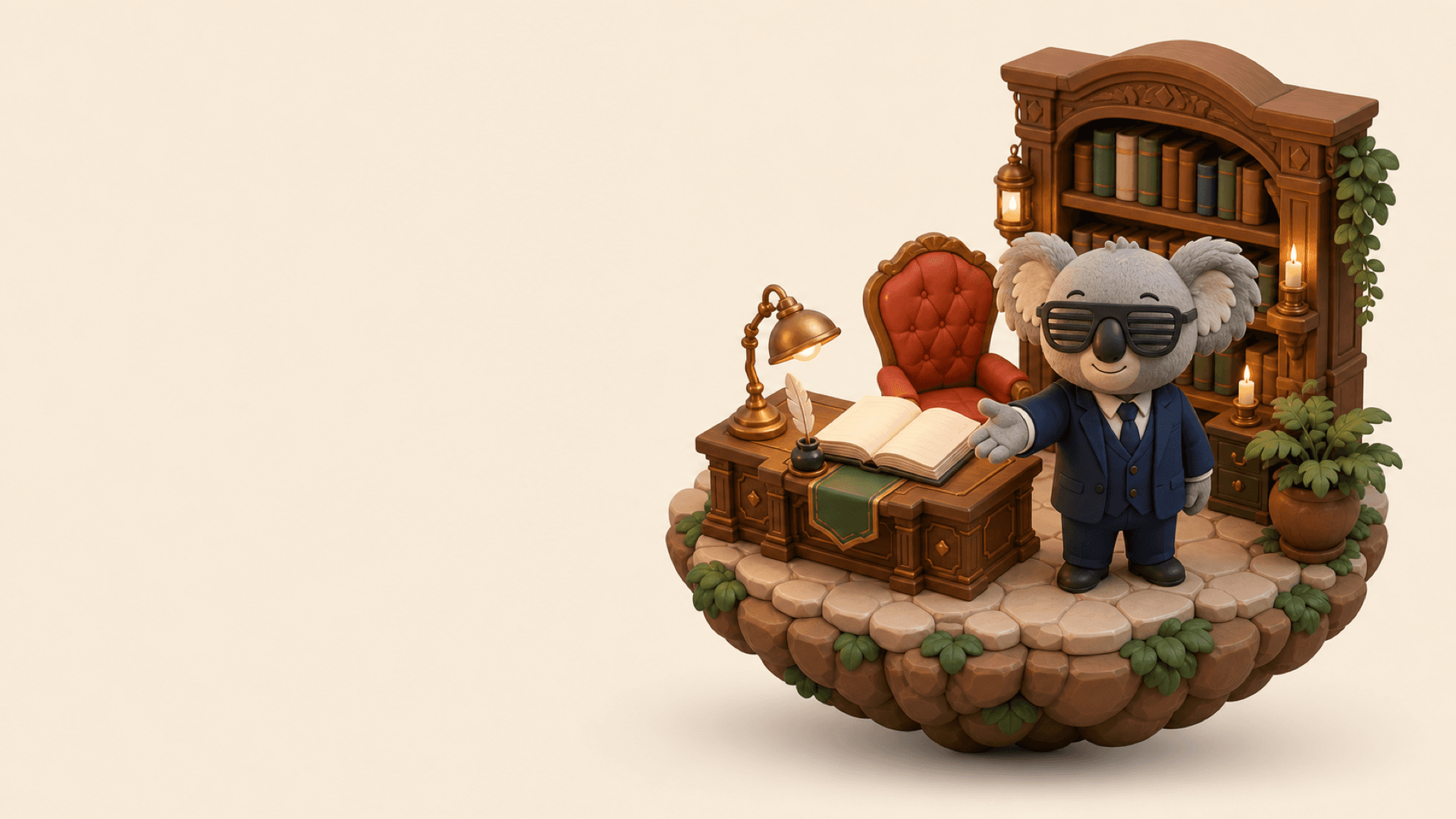 Koda welcoming you into his study, appointment ledger open on the desk