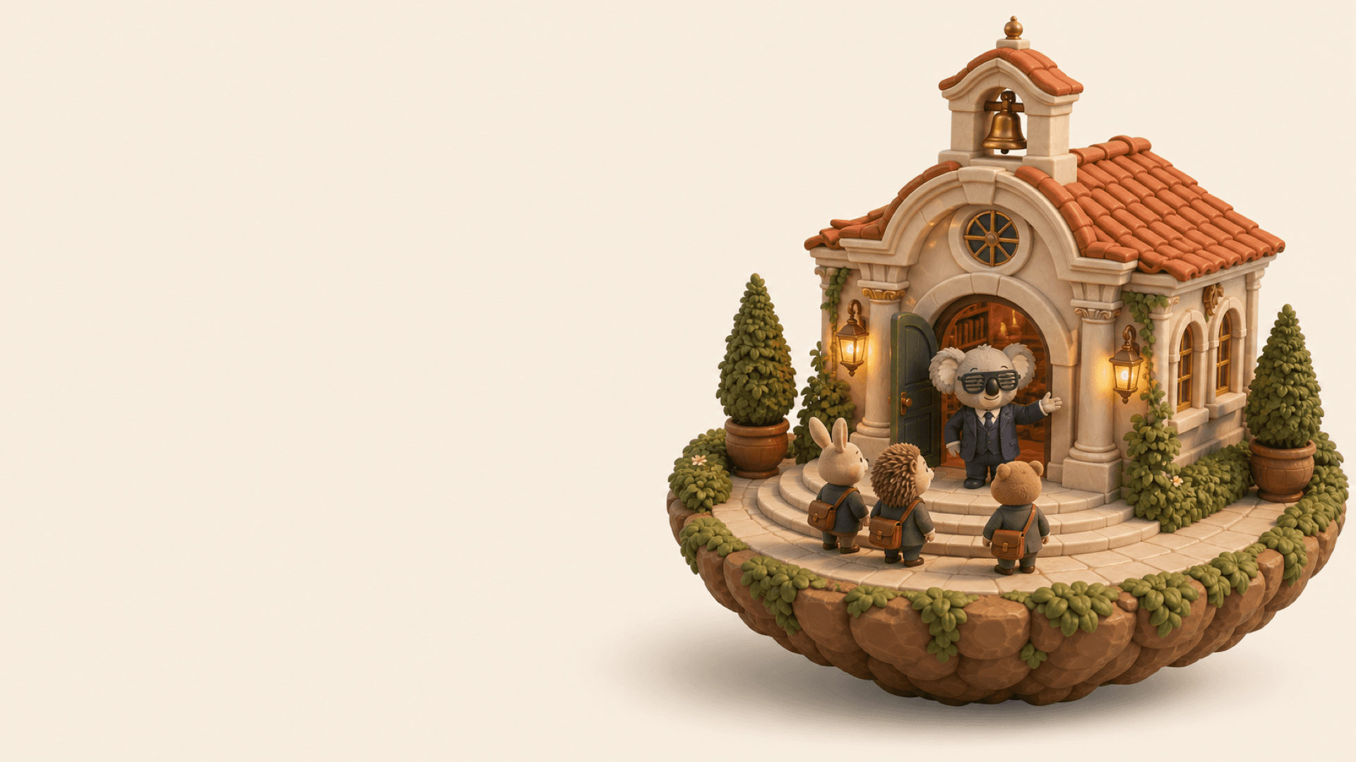 Koda welcoming three small animal students at the door of a miniature clay academy