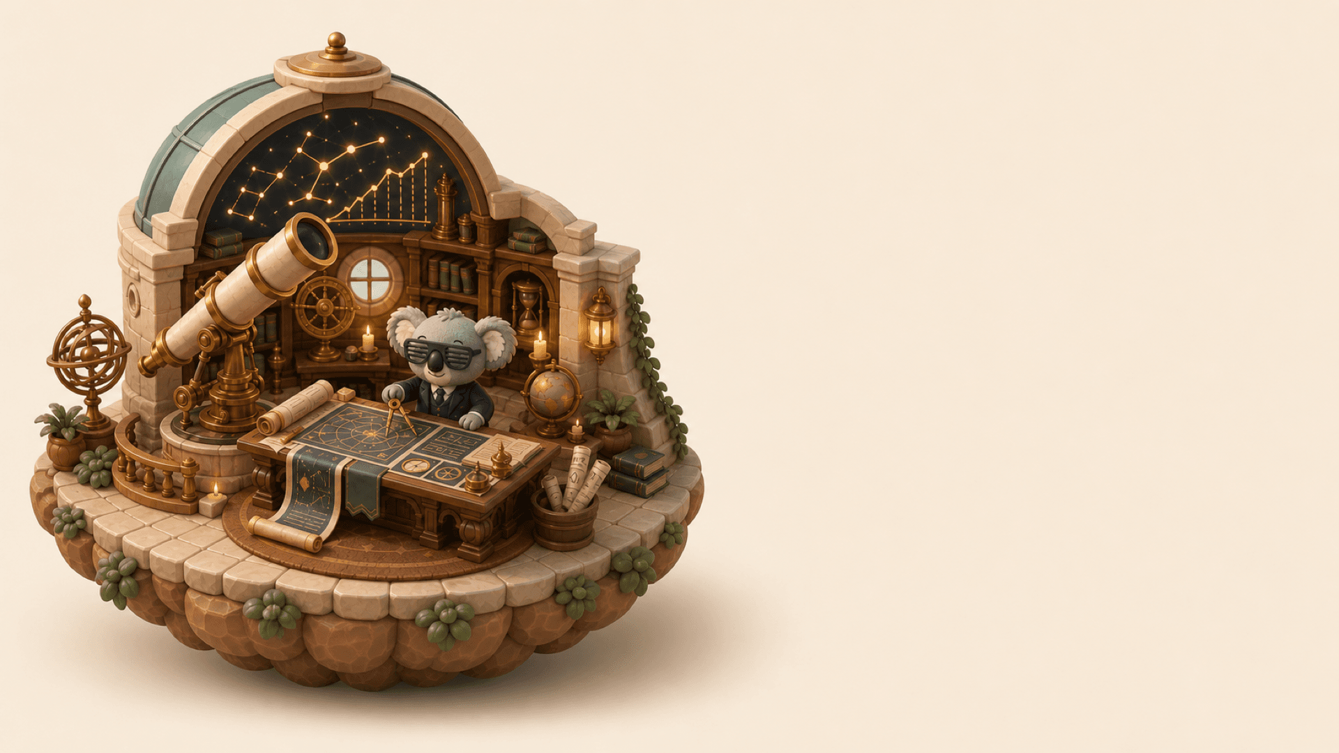 Koda plotting student growth as gold constellations inside a miniature brass observatory