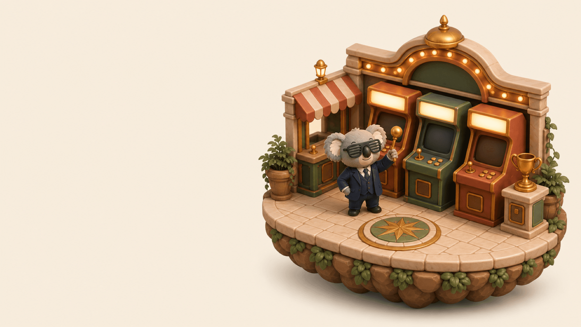 Koda holding a golden joystick in a miniature clay arcade with glowing cabinets