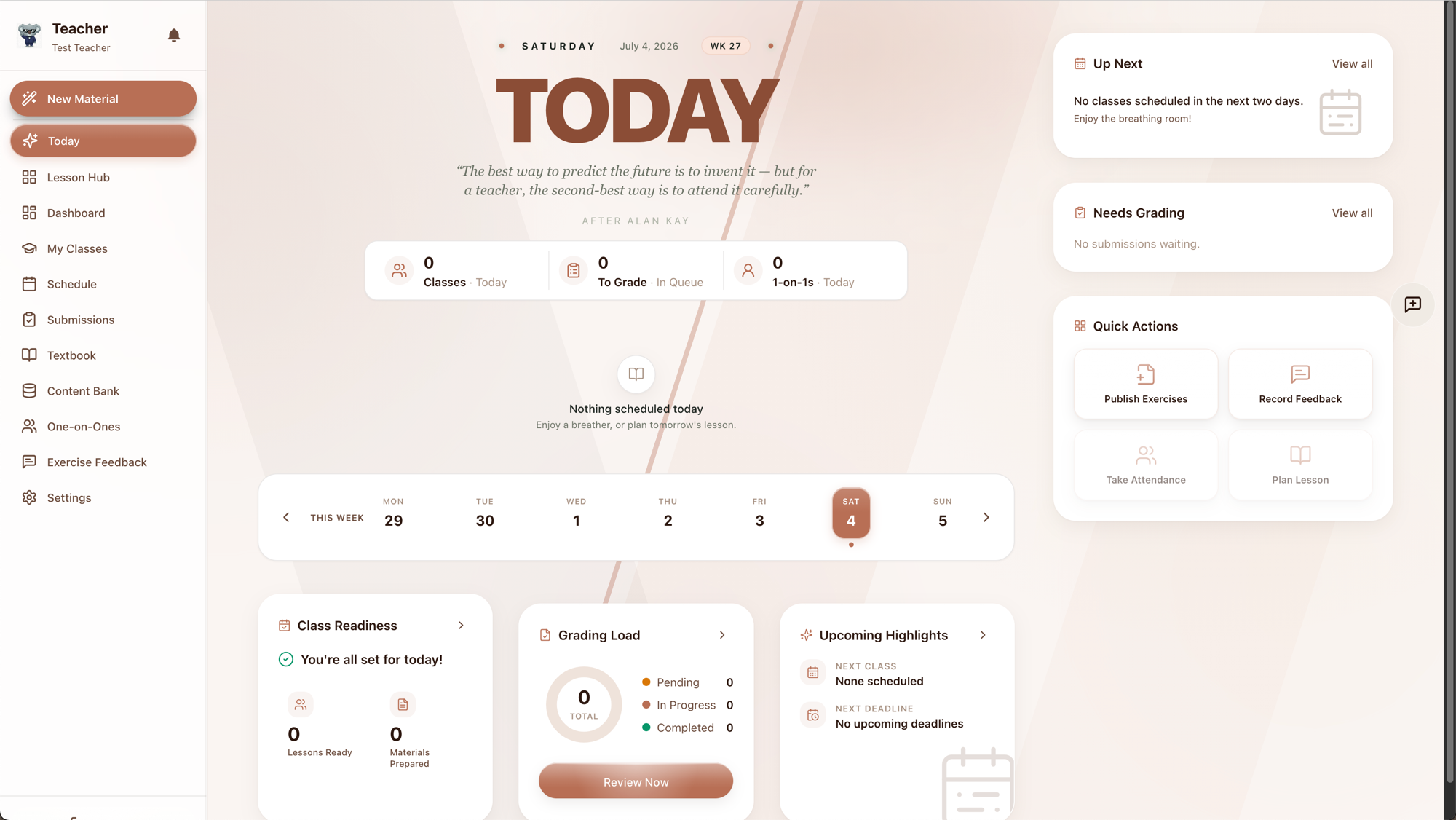Teacher workspace — plan lessons, publish material and track the day