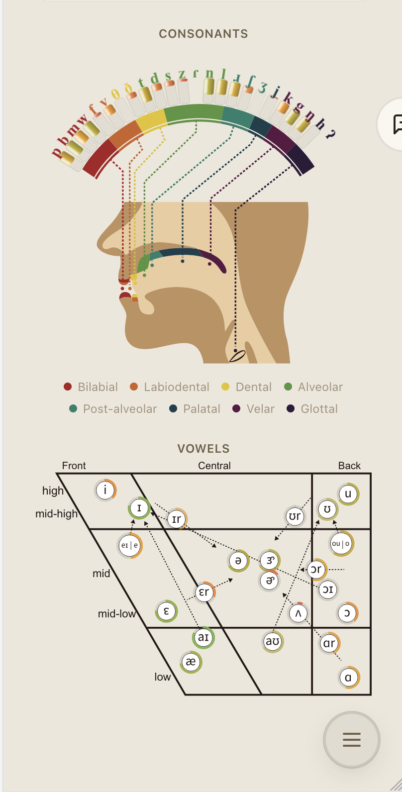Pronunciation trainer — live place-of-articulation map