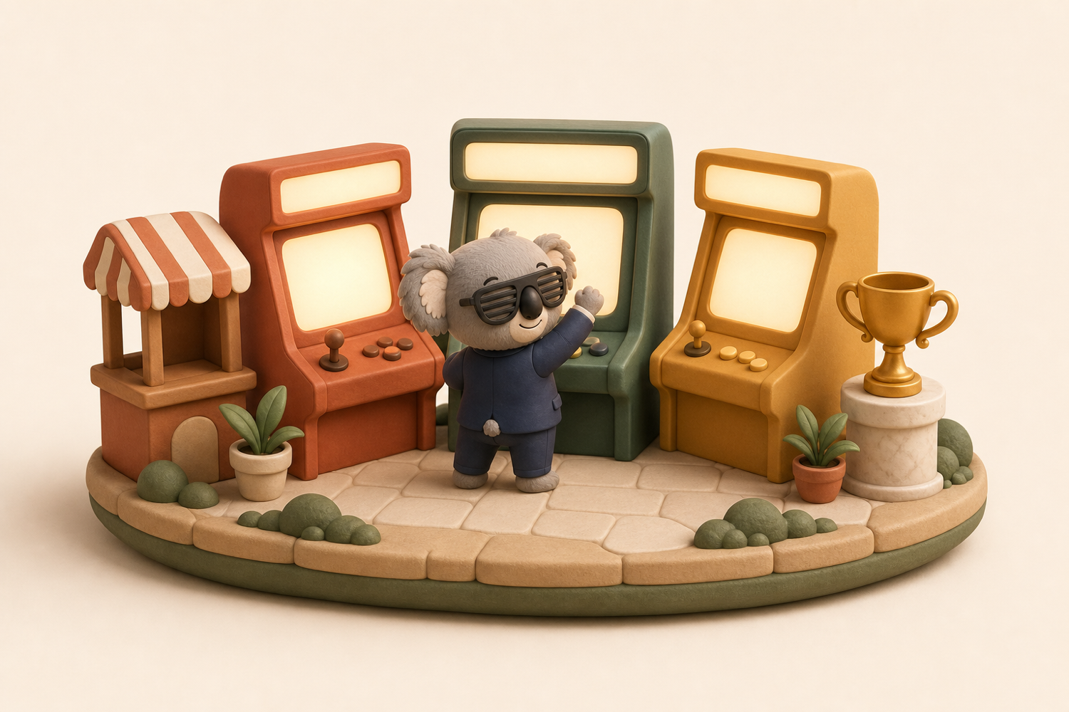 Koda mid-victory at a miniature clay arcade cabinet